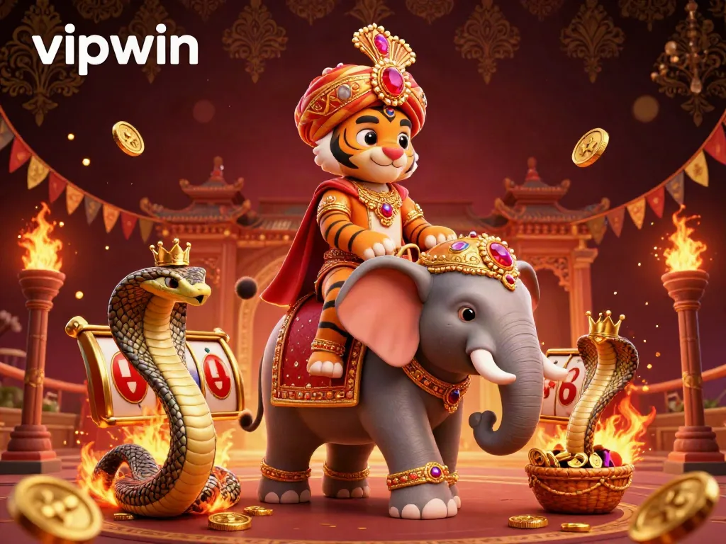 Engage in thrilling gameplay with vipwin's dynamic illustration of a majestic maharaja, jewel-encrusted elephant, and vibrant casino elements.