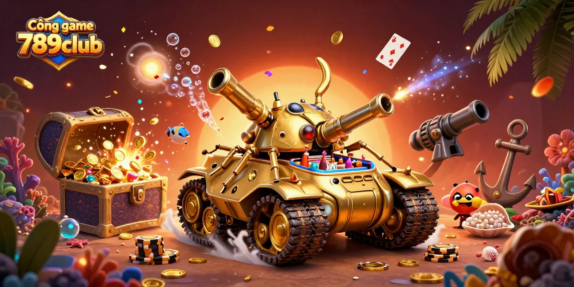 Cổng game 789club brings excitement to life with a vibrant 3D casino animation featuring a golden beetle tank.