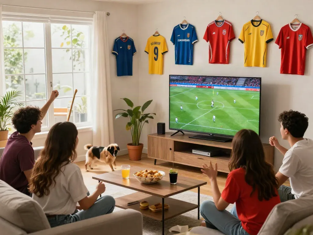 Friends enjoying a football match at home with https://gavangtv.life/ on TV.