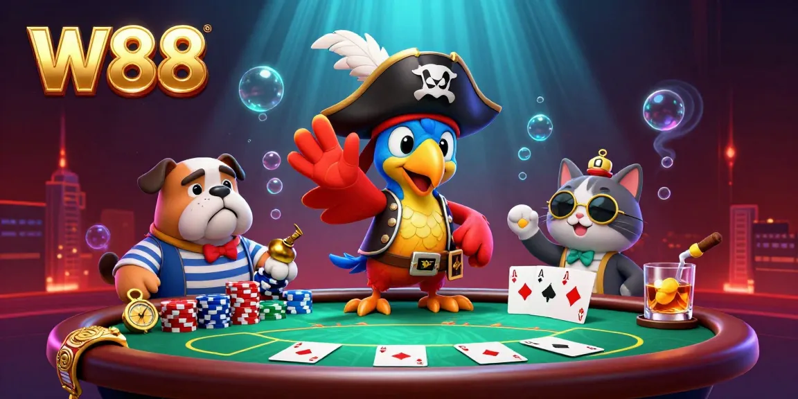Experience vibrant W88 gaming adventures with playful, colorful pirate characters at an energetic poker scene.