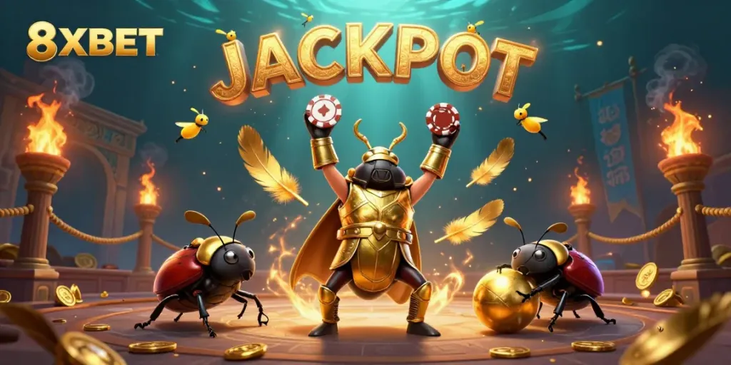 8XBET offers an exciting 3D representation featuring a heroic beetle lifting a poker chip in victory.