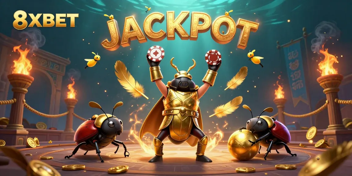 8XBET offers an exciting 3D representation featuring a heroic beetle lifting a poker chip in victory.