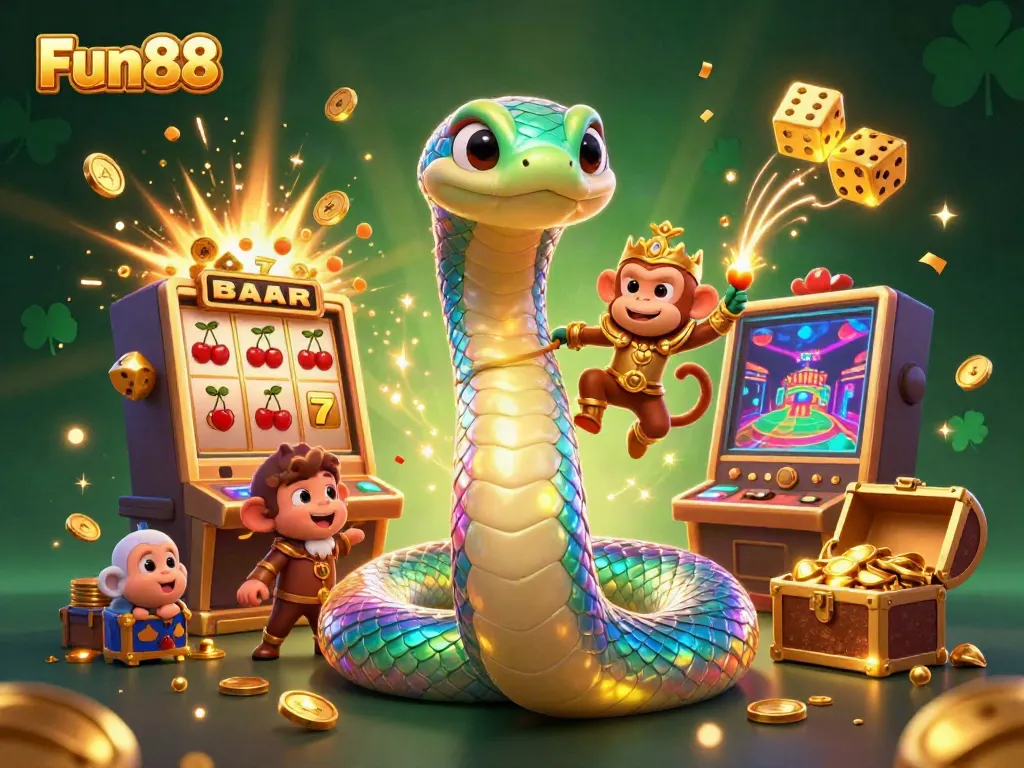 Experience the excitement of Fun88 with a vibrant slot machine and playful characters in a dynamic casino scene.