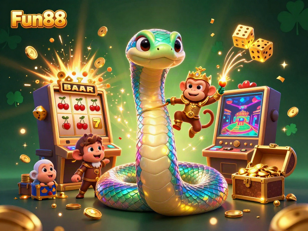 Experience the excitement of Fun88 with a vibrant slot machine and playful characters in a dynamic casino scene.