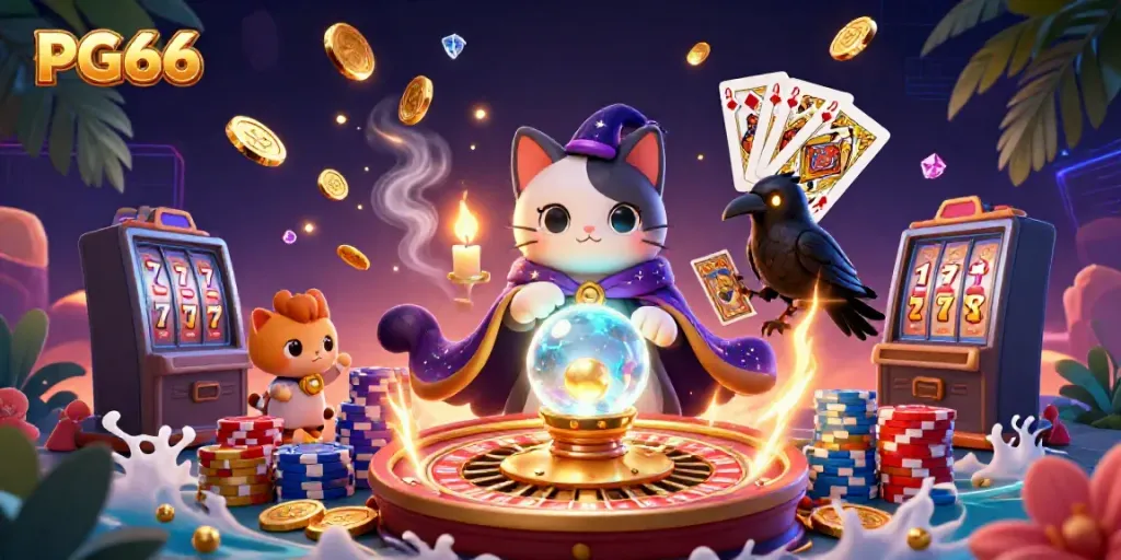 Spin and win with PG66's enchanting casino illustration featuring mystical characters and vibrant game elements.