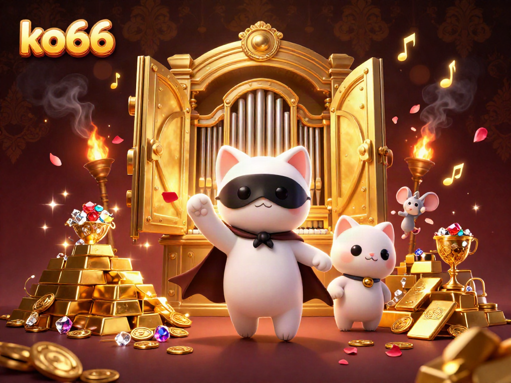 Experience thrilling wins at ko66 with the charming casino fantasy of a masked cat and treasure-filled scene.