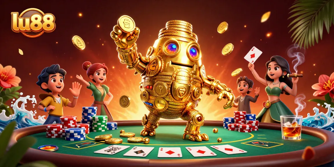 Experience thrilling gaming at lu88 with an ancient golden golem in a lavish casino scene.