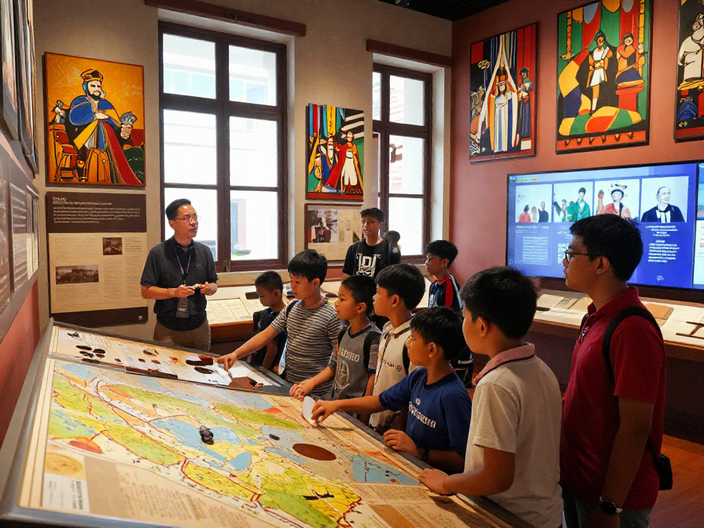 A vibrant scene exploring Indonesian history at ROKOK88 with rokok88 slot theme displays.