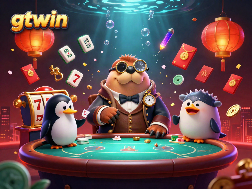 Join the underwater fun with gtwin's dynamic gaming scene featuring a jolly walrus, a penguin dealer, and a pufferfish player.