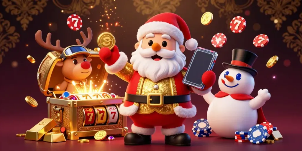 Experience the festive excitement of 789winkg with Santa and his friends celebrating jackpots in a vibrant casino.