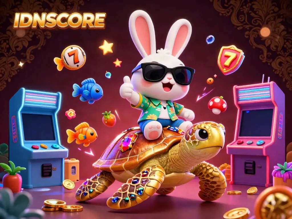 Experience thrilling online slots with IDNSCORE's vibrant 3D cartoon illustration featuring lucky characters.