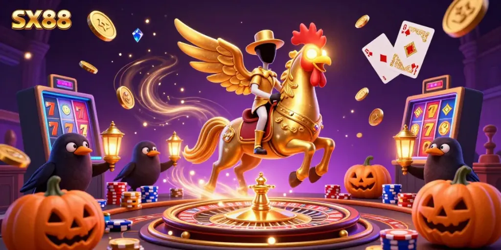 Experience the thrill of SX88 casino with a stunning golden rooster character amidst sparkling slot reels and casino elements.