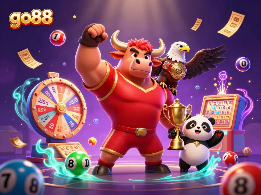 Experience the excitement of go88 with vibrant casino elements featuring dynamic characters and lottery action.