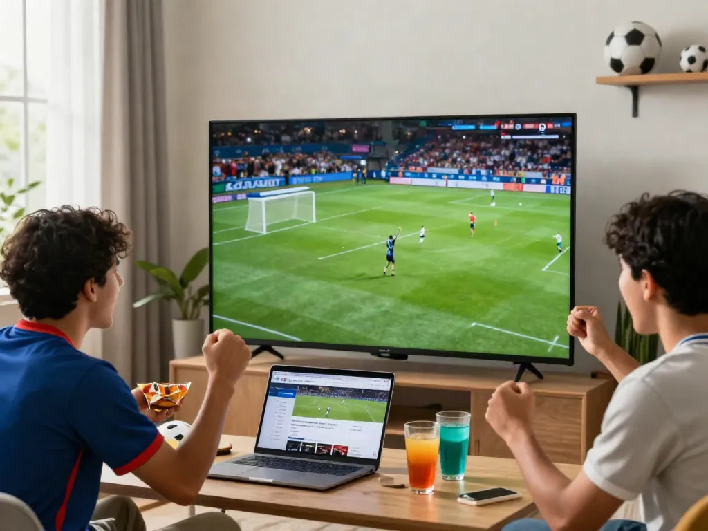 Fan enjoying a live football match on ThapcamTV, surrounded by friends and snacks.