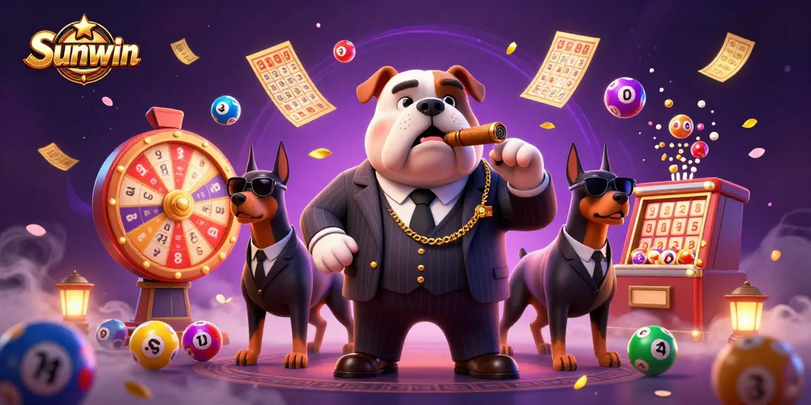 Sunwin champions dynamic gaming with a mafia bulldog and lottery excitement in an engaging casino scene.