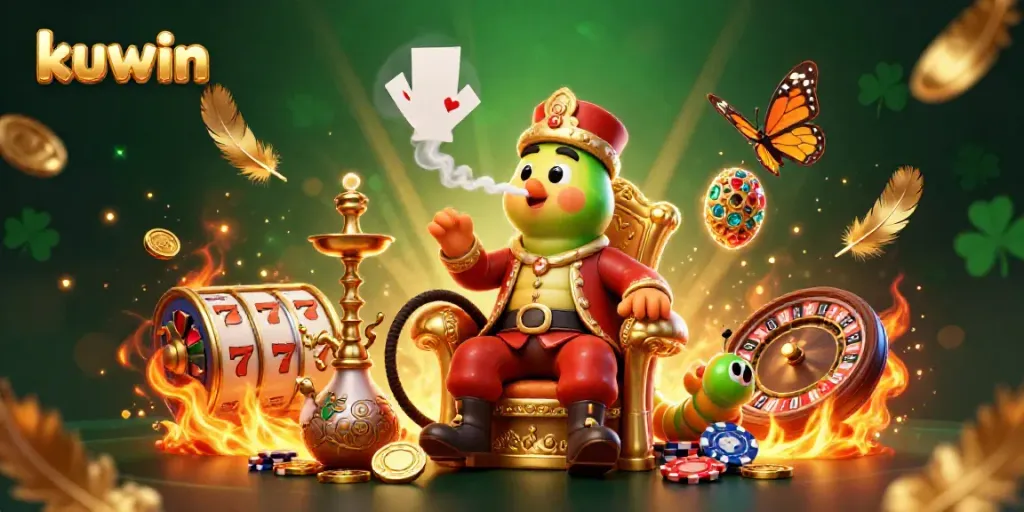 kuwin's engaging gaming scene showcasing a caterpillar hookah-master with poker symbols and vibrant casino elements.