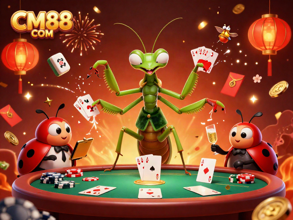 Experience the excitement of CM88 COM with a vibrant casino scene featuring a giant praying mantis and ladybug pit boss.