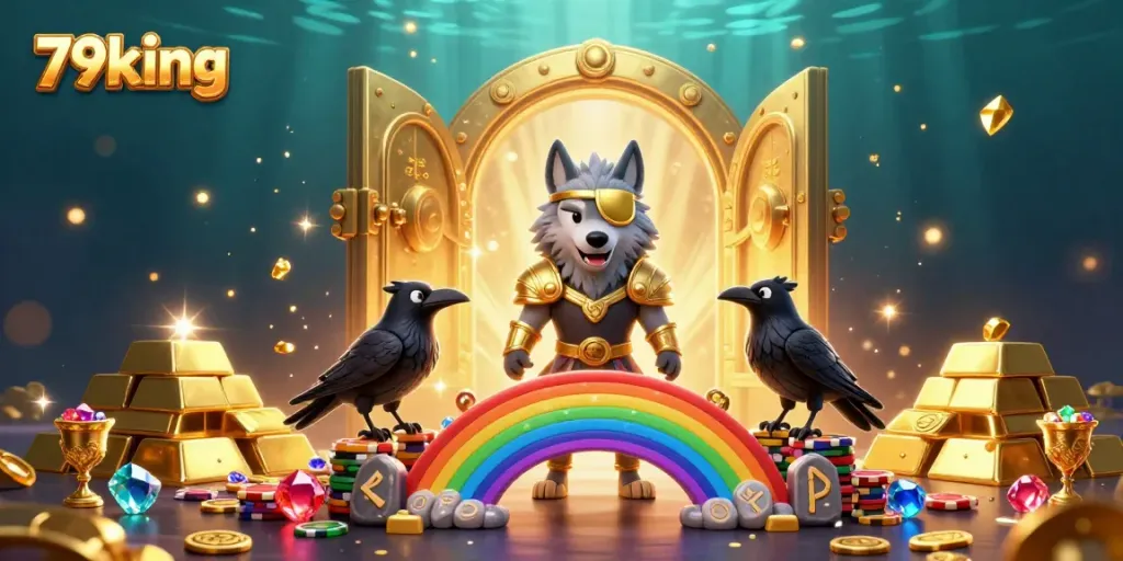 Experience exciting gameplay at 79king with a vibrant 3D casino scene full of treasures.