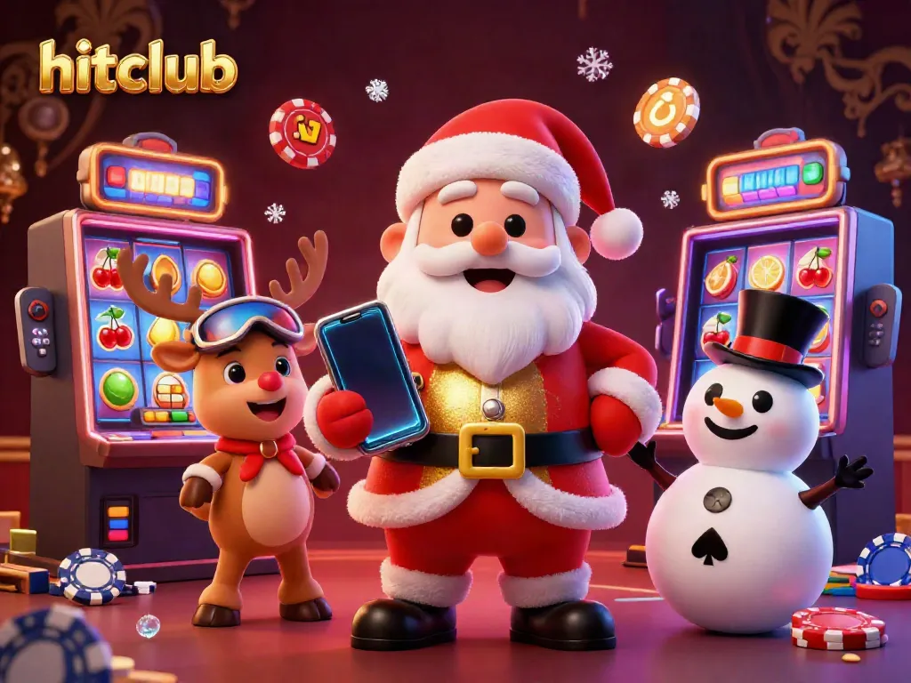 Engage with hitclub's vibrant casino scene featuring cartoon Santa and friends enjoying slot games amidst magical elements.