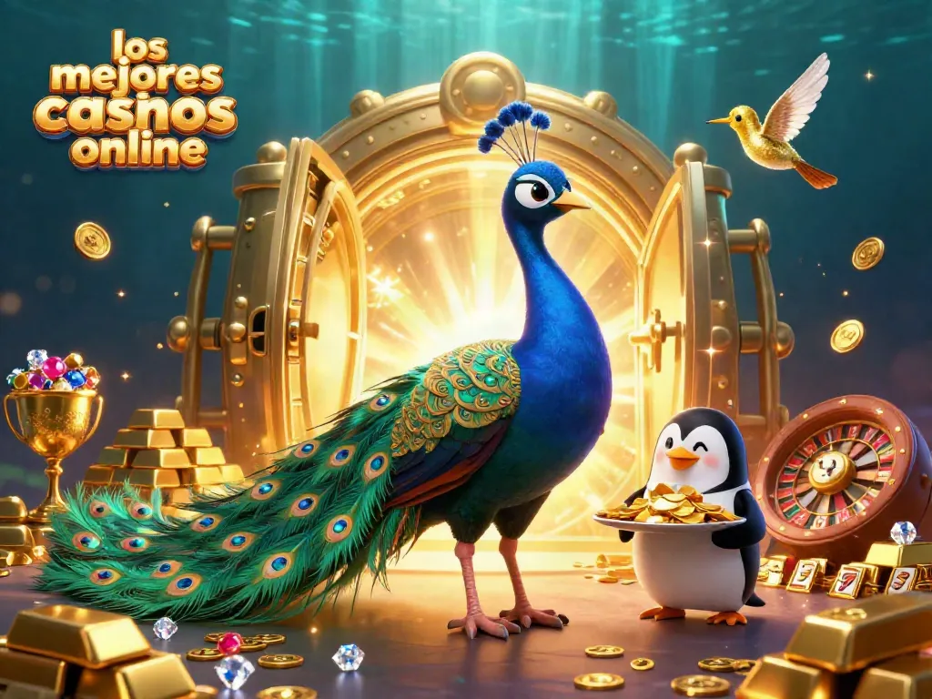 Los mejores casinos online: vive la experiencia del juego con un pavo real aristocrático y monedas doradas.