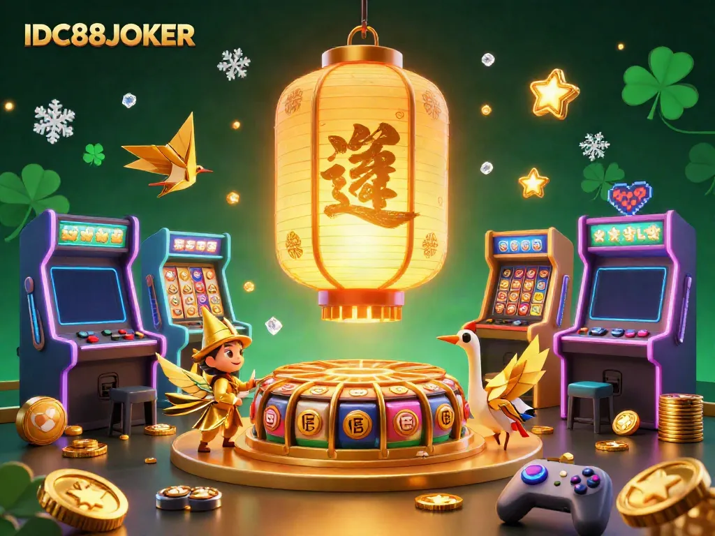 Play thrilling games at IDC88JOKER, featuring vibrant 3D carnival elements and golden slot machines.