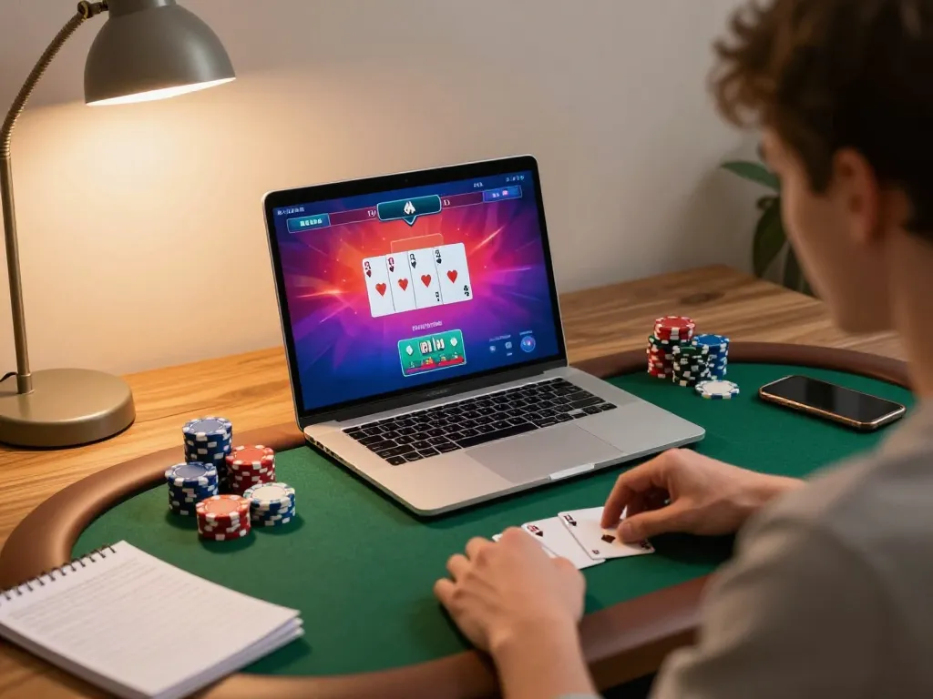 Player using TR88 online poker app on laptop, focused on strategic gameplay at home.
