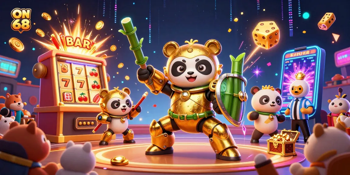 In a vibrant casino scene, ON 68 features a golden panda in a mech-suit piloting a bamboo robot amidst slot machines and cheering spectators.