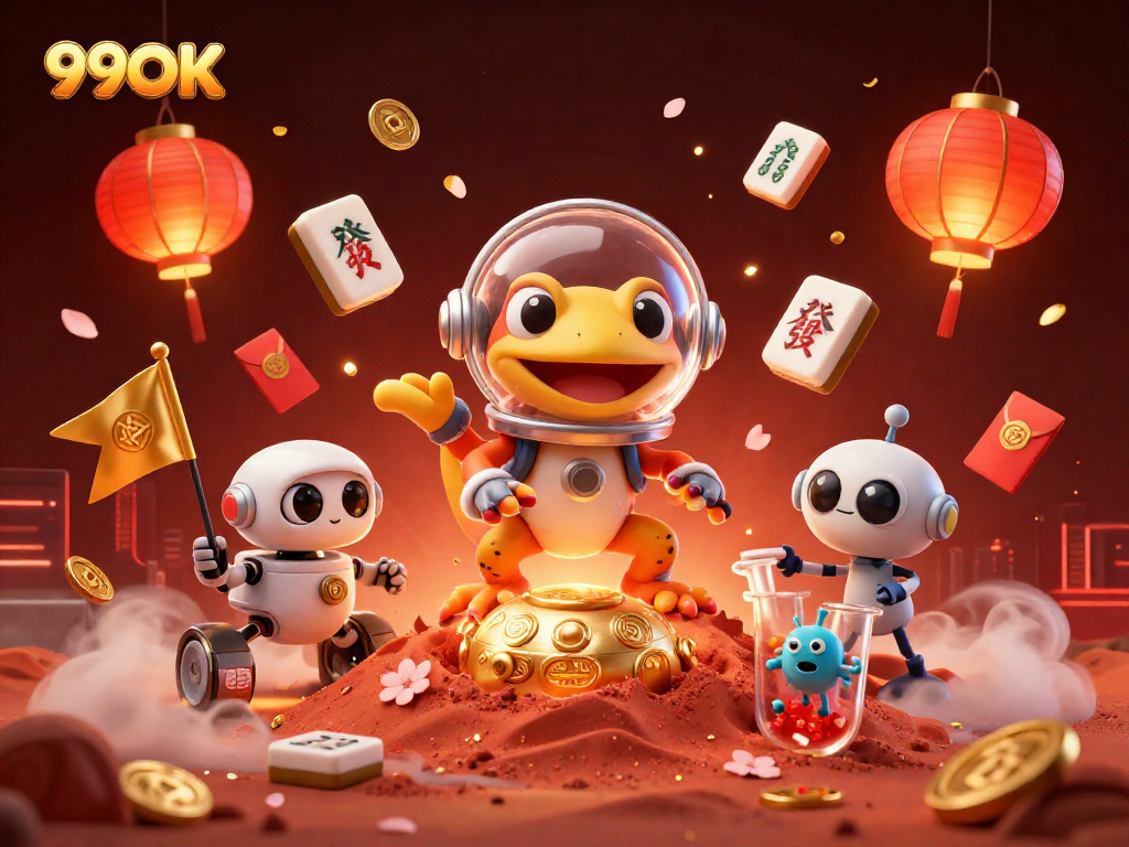 Win big with 99OK as Martian gecko discovers a golden casino amid festive symbols