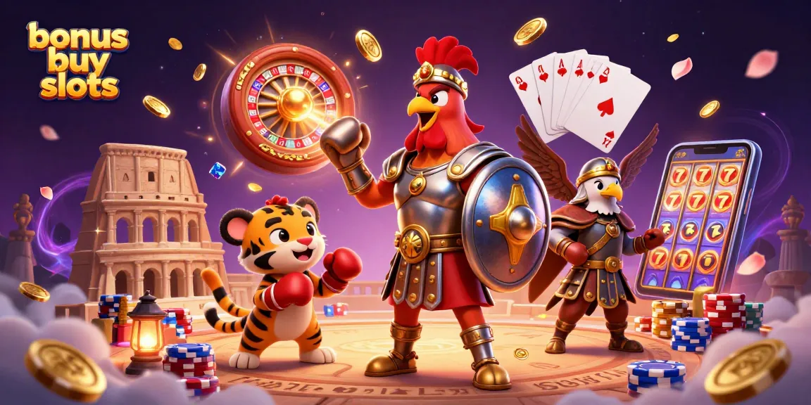 Experience the thrill of bonus buy slots with a 3D rooster champion in a dynamic casino scene.