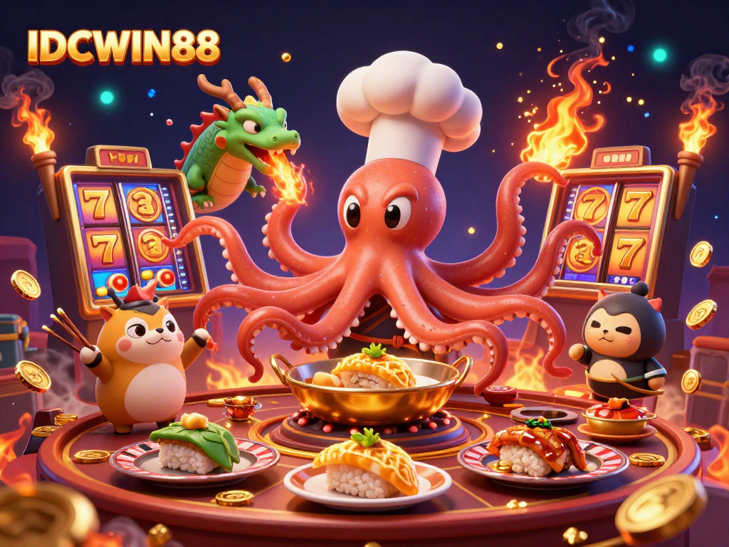 Experience the excitement of IDCWIN88 with an epic casino scene featuring vibrant characters and gaming elements.