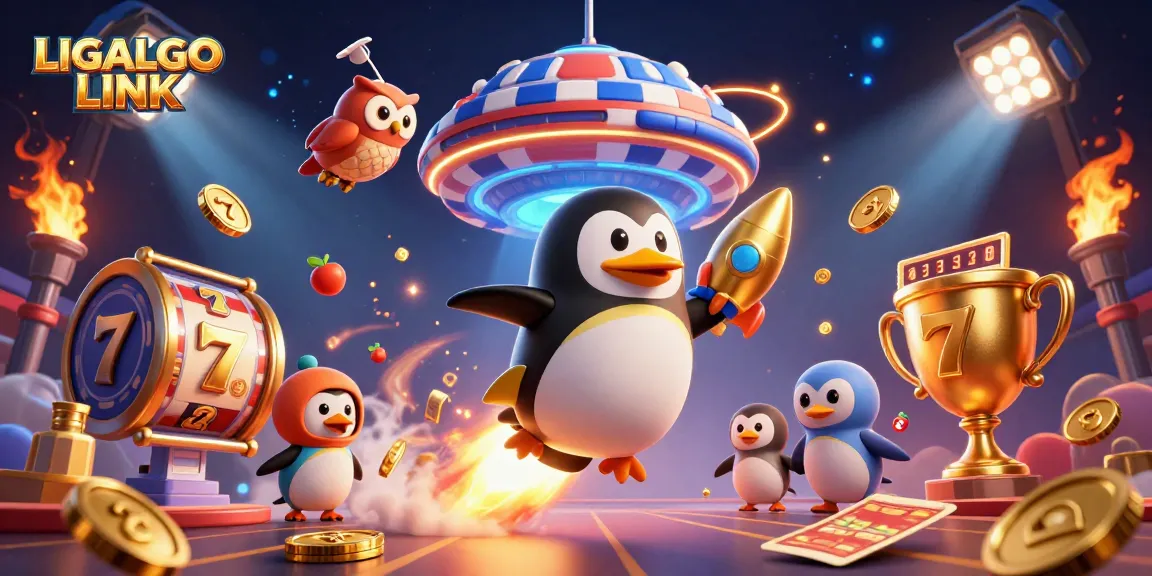 Experience the excitement of LIGALGO LINK as a golden penguin heads to the jackpot in a vibrant casino scene.