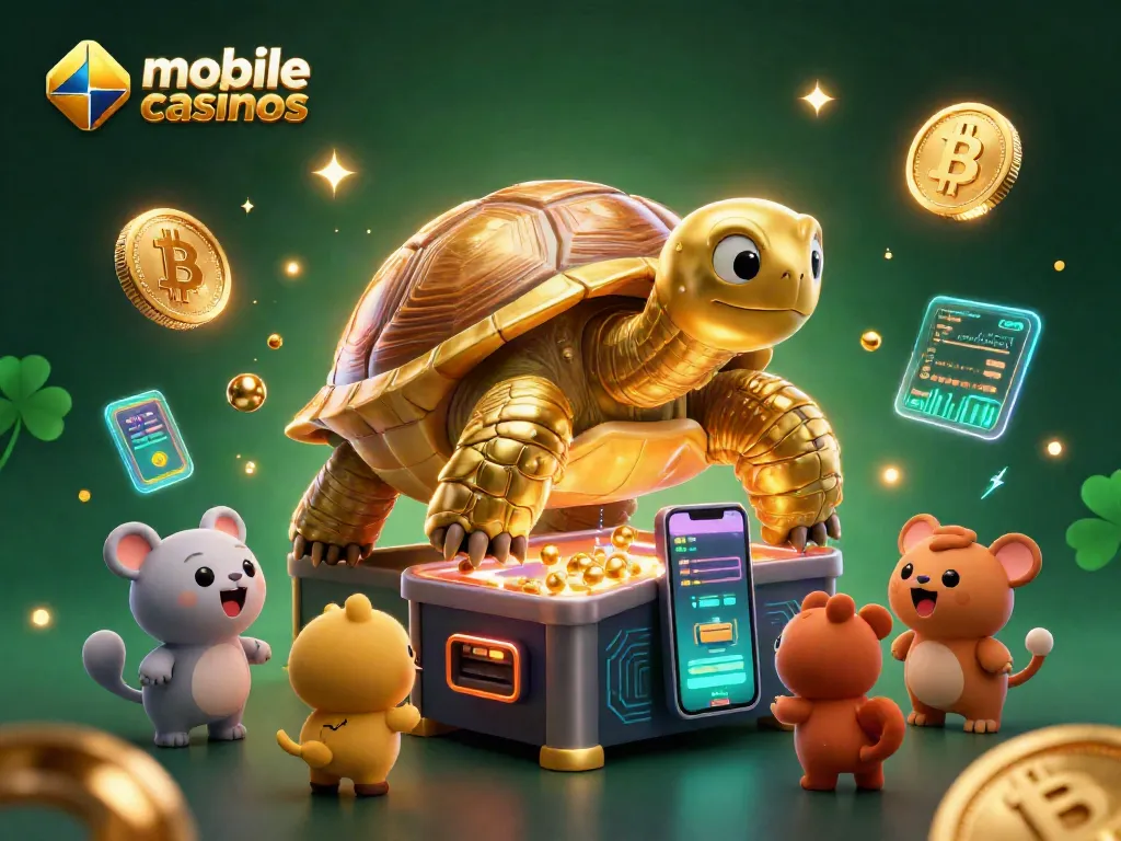 Engage with top mobile casinos featuring vibrant illustrations of a golden tortoise pinball machine and crypto elements.