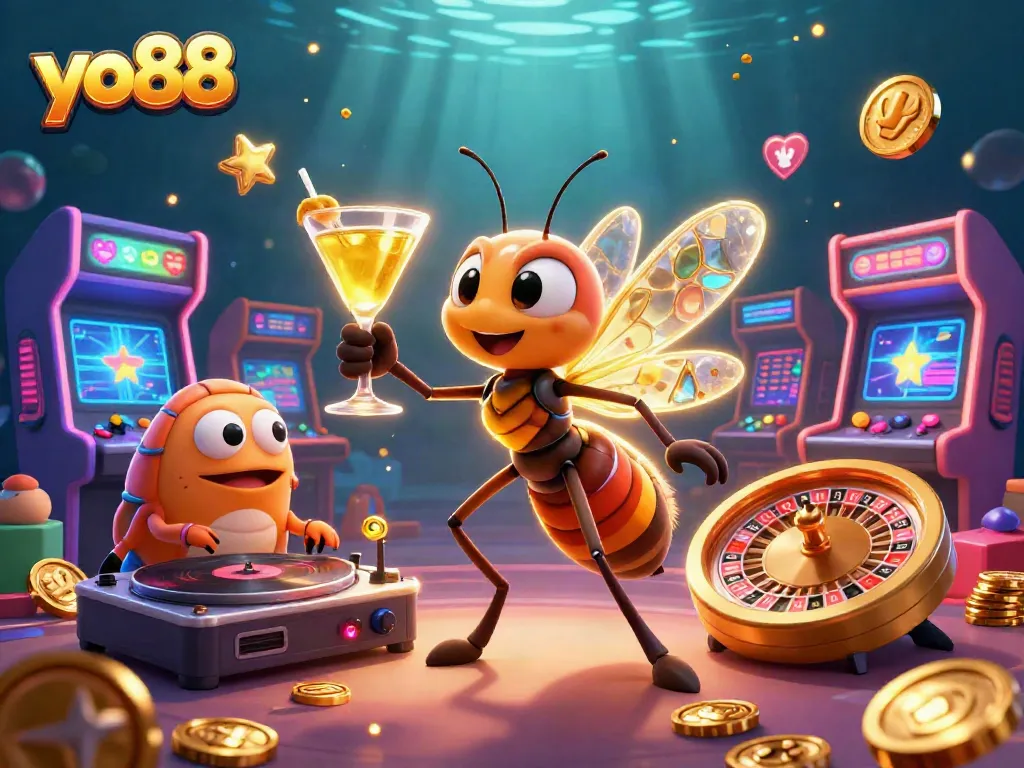 Experience the excitement of yo88 with a vibrant cartoon scene showcasing casino elements and mascot characters.