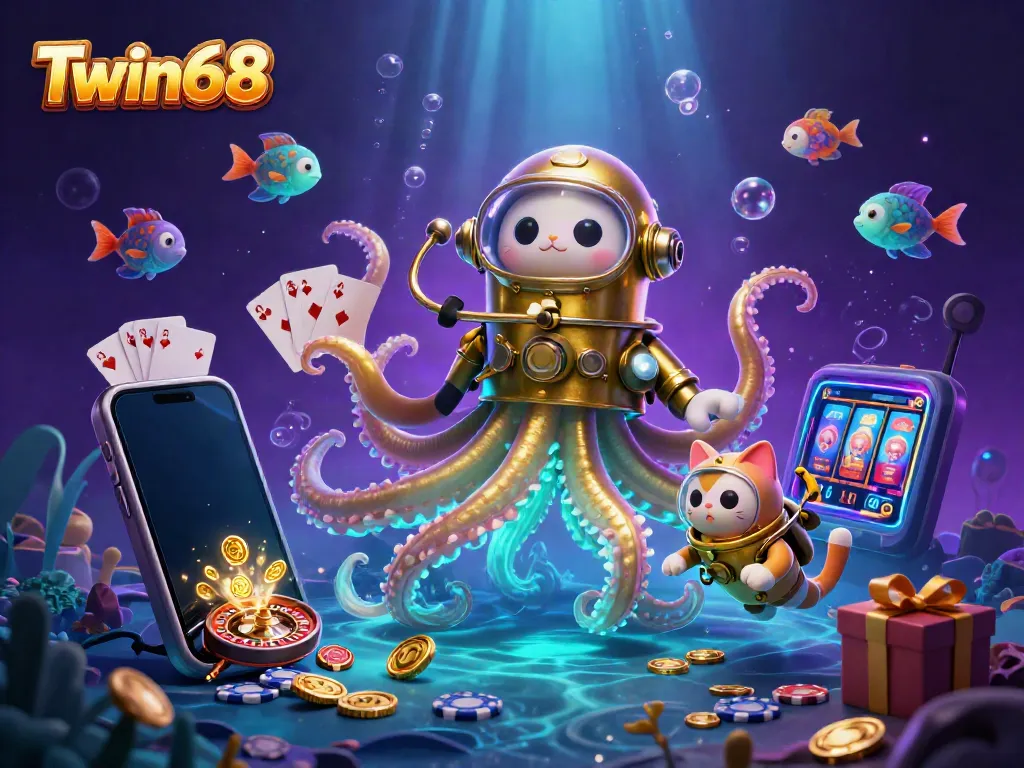 Engage with Twin68's thrilling casino adventure featuring a kraken, diving cat, and vibrant gaming icons.
