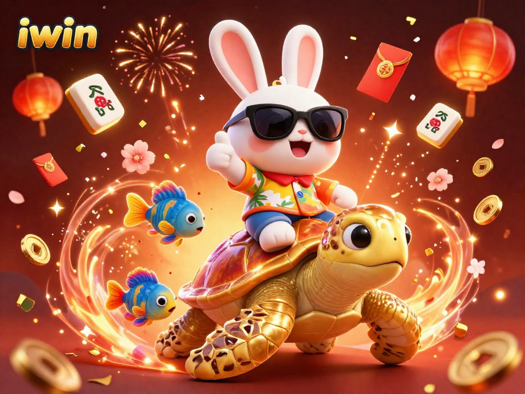 Experience luck with iwin as a cartoon rabbit rides a golden turtle in a vibrant casino scene.