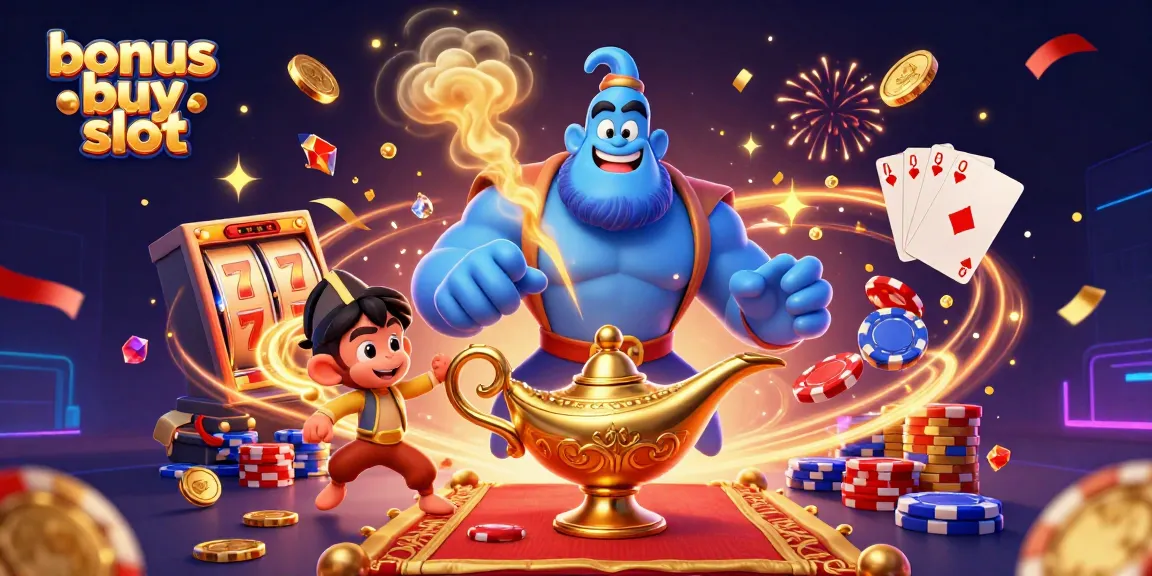 Engage with bonus buy slot excitement through a festive 3D casino scene featuring a powerful genie and treasure.