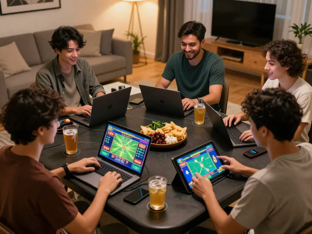 Players engaging in online gambling activities at https://j188.store/ in a lively home setup, showcasing vibrant game interfaces.