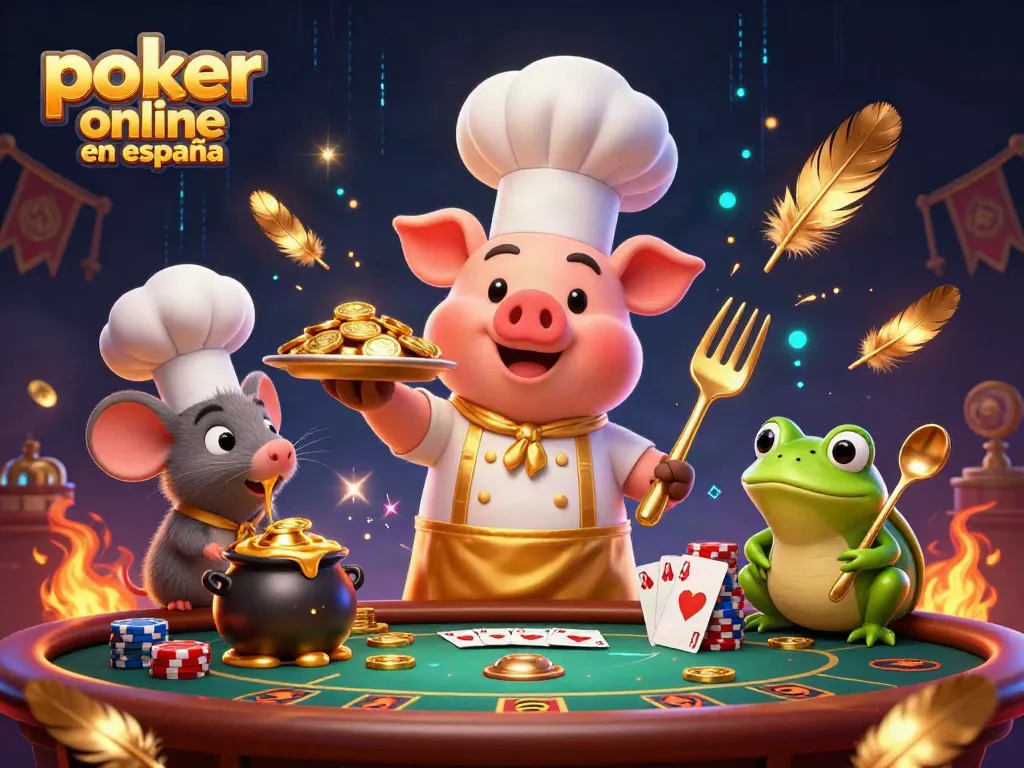 Disfruta del poker online en España con una escena vibrante de personajes animados y elementos de juego.