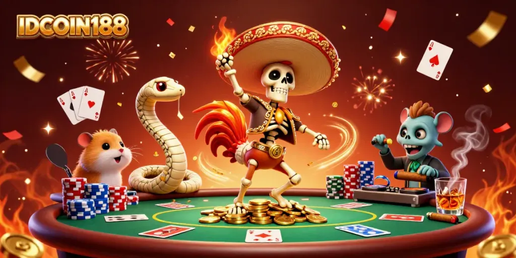 IDCOIN188 features a lively digital casino scene with animated characters celebrating victory among poker tables and chips.