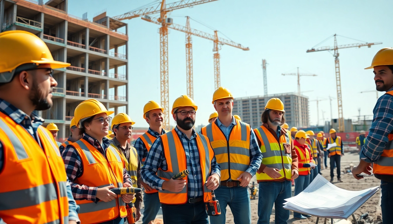Construction career professionals collaborating on-site in a busy construction environment with tools and equipment.