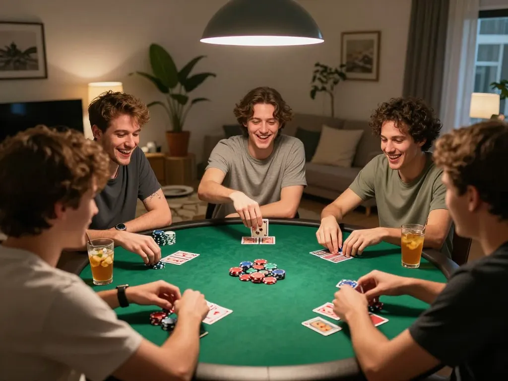 Friends at home enjoying a lively poker game, focusing on strategy with 789wincom cards and chips.