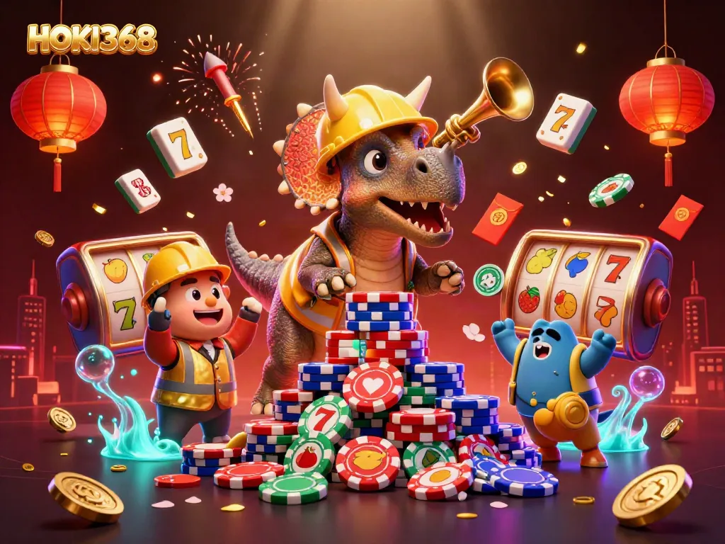 HOKI368 offers a vibrant gaming experience with characters celebrating around slot reels.