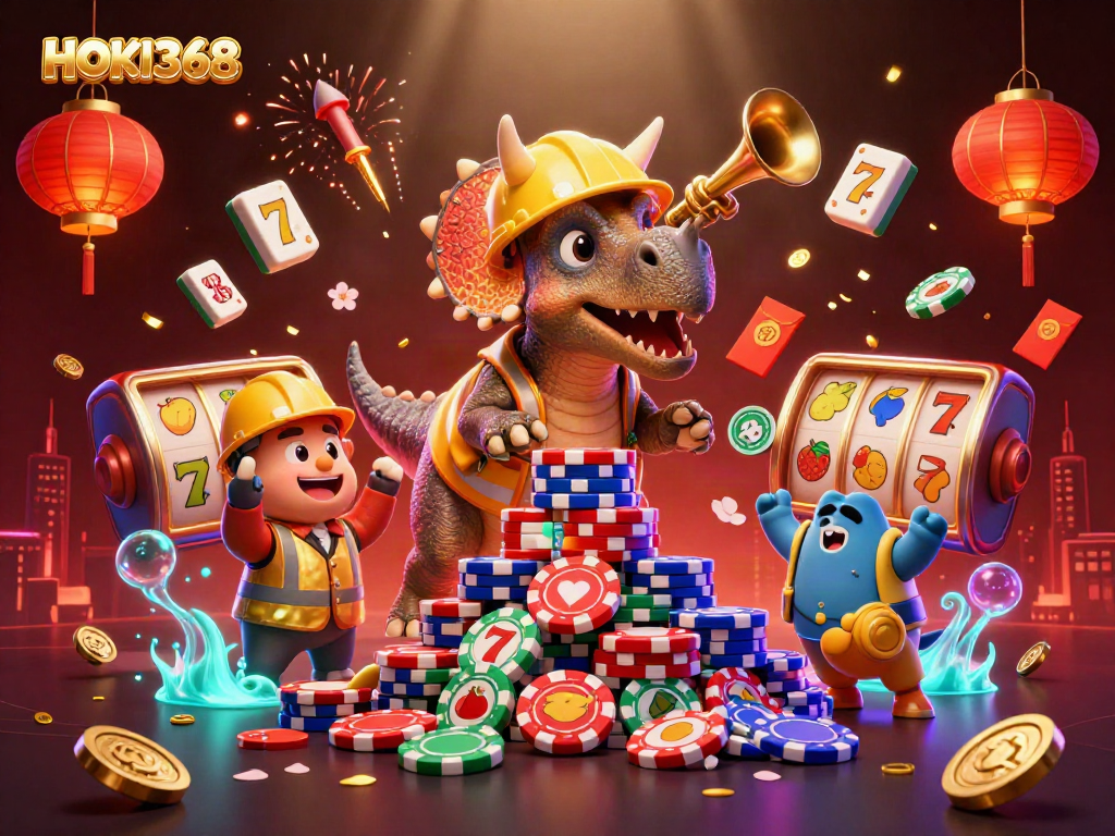 HOKI368 offers a vibrant gaming experience with characters celebrating around slot reels.