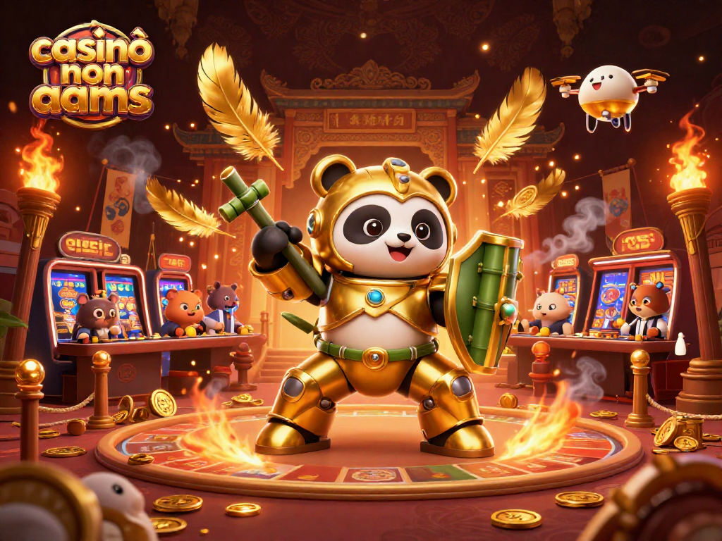 Descrizione di un casinò non AAMS con panda dorato in un'arena piena di monete e giochi.