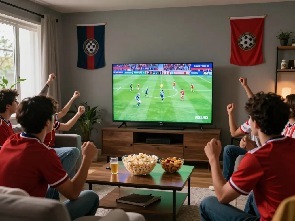 Excited fans watching trực tiếp bóng đá in HD with snacks and jerseys.