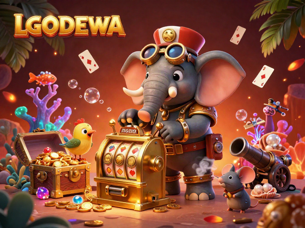 Experience thrilling gameplay at LGODEWA with a vibrant steampunk scene featuring an elephant engineer at a slot machine.