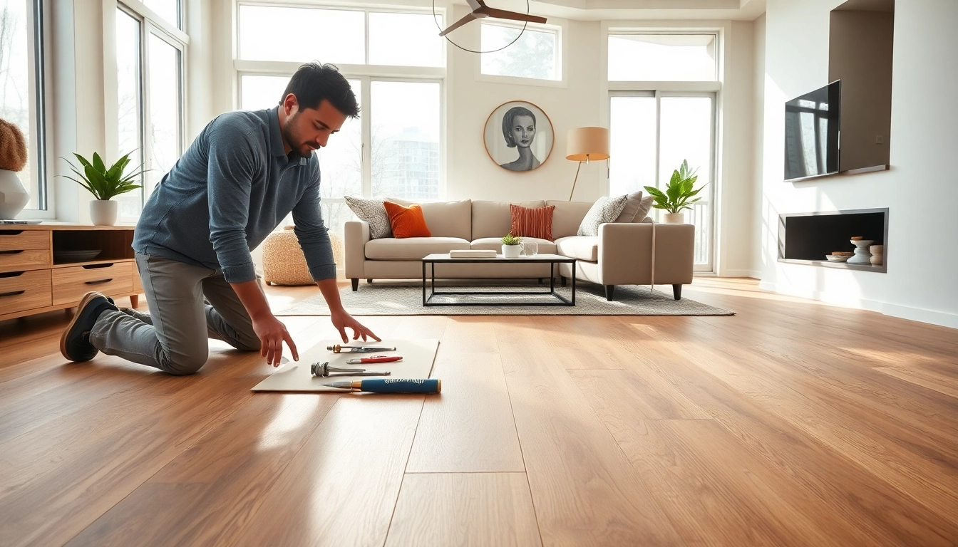 Locate flooring near me with a skilled installer applying luxury vinyl flooring in Chicago.