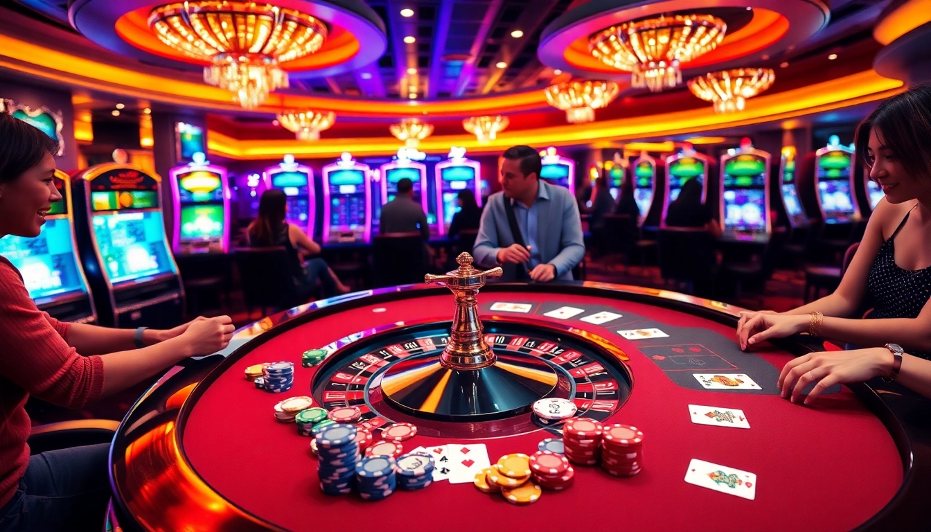 Haywin casino scene showcasing enthusiastic players at a gambling table with poker chips and roulette.