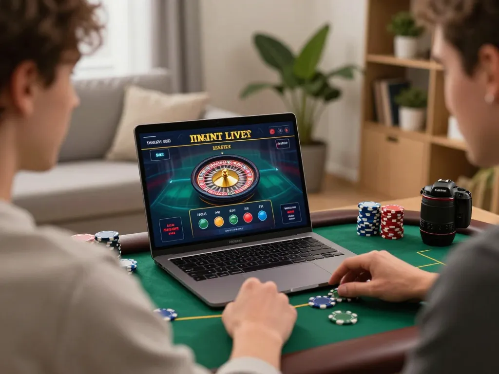 Experience Jdclub9vip gameplay with live roulette spinning on a laptop in a cozy home setting.