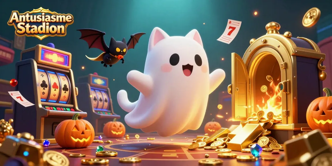 Engaging scene depicting Antusiasme Stadion with a ghost cat, vampire bat, and casino action.